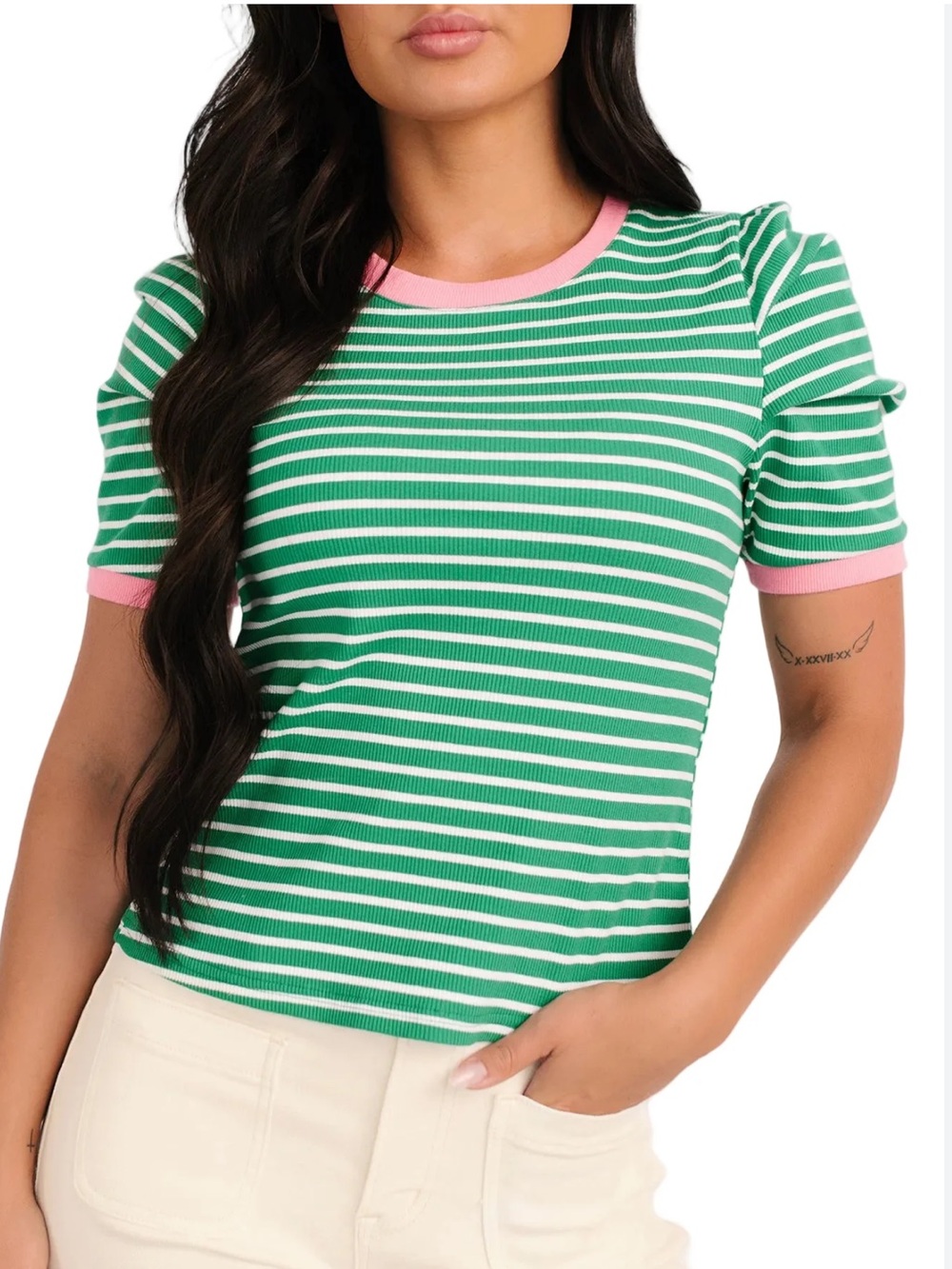 Day + Moon Daring Heart Striped Pleated Sleeve Top